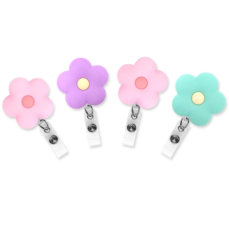 Finex 4 pcs Set Colorful Flowers Badge ID Clip Reel Retractable Holder Office Work Nurse Name Badge Tag Clip On Card Holders Cute - 30 inch Cord Extension - Image 1